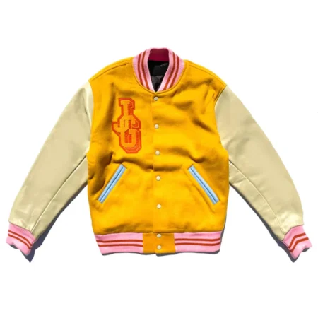 Front view of John Geiger Gold and Beige Varsity Jacket