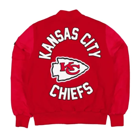 Back view of Kansas City Chief Historic Varsity Jacket