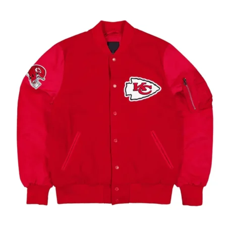 Front view of Kansas City Chief Historic Varsity Jacket