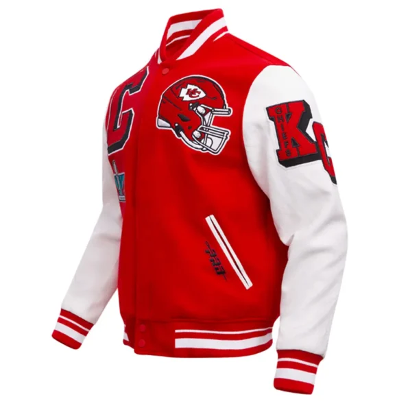 Side view of model in Kansas City Chiefs Mashup Varsity Jacket