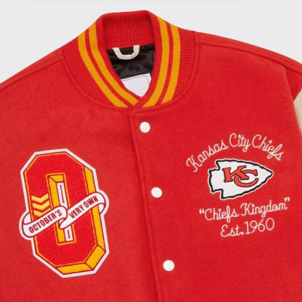 Close-up of OVO Kansas City Chiefs Varsity Jacket details