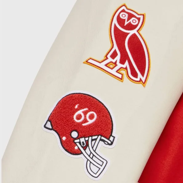 Close-up of OVO Kansas City Chiefs Varsity Jacket details