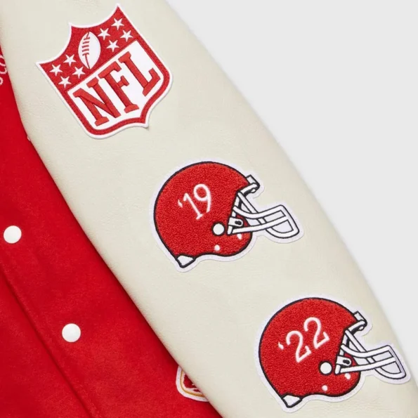 Close-up of OVO Kansas City Chiefs Varsity Jacket details