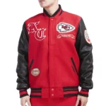 Model wearing Prep Kansas City Chiefs Varsity Jacket front view