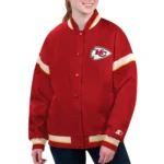 Model wearing Kansas Chiefs Tournament Varsity Jacket front