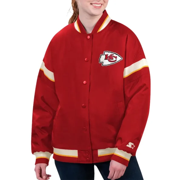 Model wearing Kansas Chiefs Tournament Varsity Jacket front