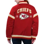 Model in Kansas Chiefs Tournament Varsity Jacket Front