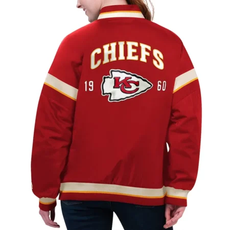 Model wearing Kansas Chiefs Tournament Varsity Jacket back