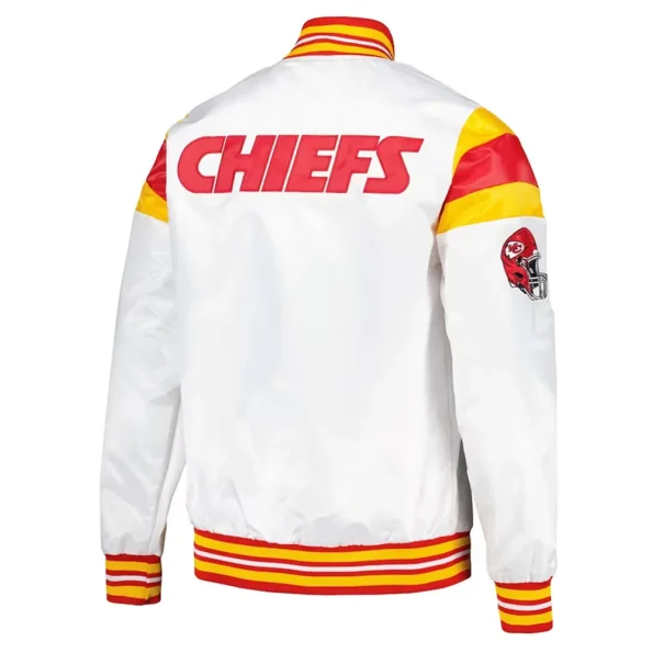 Back view of Kansas City Chiefs Varsity Satin Jacket with branding