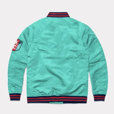 Back view of Kansas City Current Teal Varsity Jacket