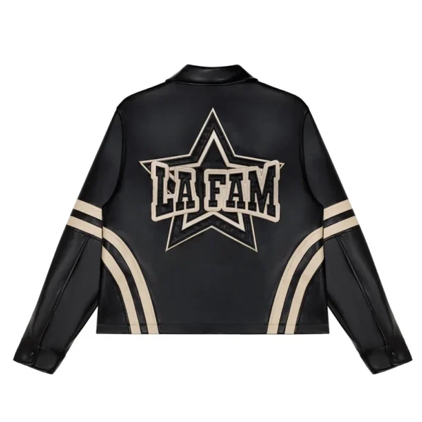 Back view of La Fam Retro Varsity Leather Jacket