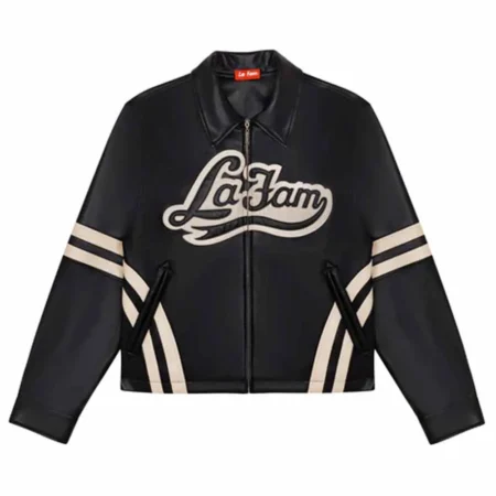 Front view of La Fam Retro Varsity Leather Jacket