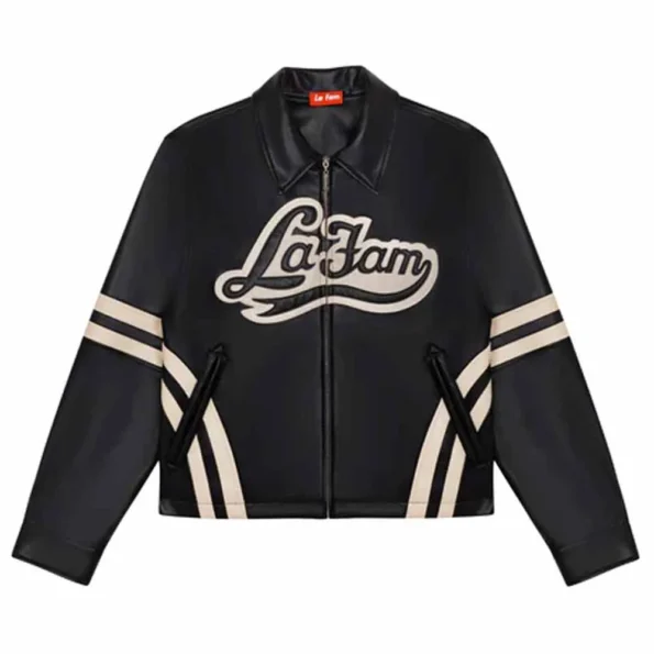 Front view of La Fam Retro Varsity Leather Jacket