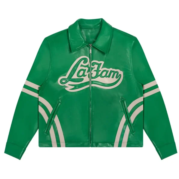 Front view of La Fam Retro Varsity Leather Jacket