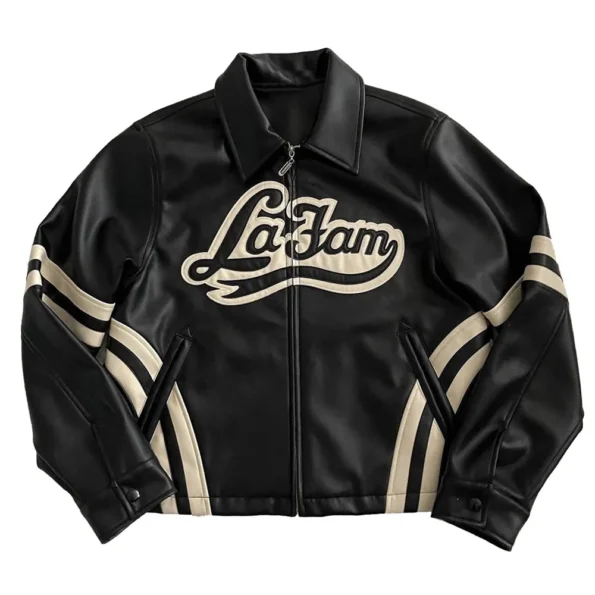 Front view of La Fam Retro Varsity Leather Jacket