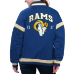 Model in LA Rams Tournament Royal Varsity Jacket Front