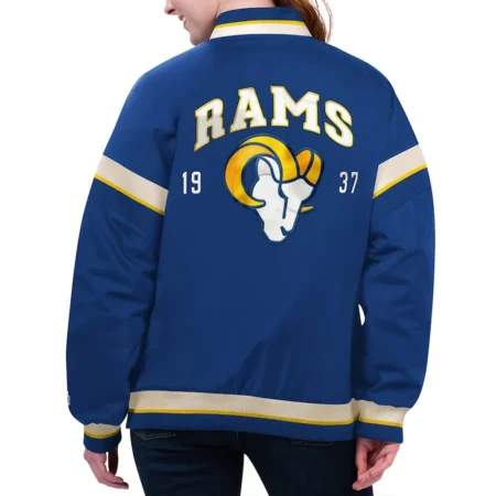 Model wearing LA Rams Tournament Royal Varsity Jacket back