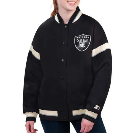 Model wearing Vegas Raiders Tournament Varsity Jacket front