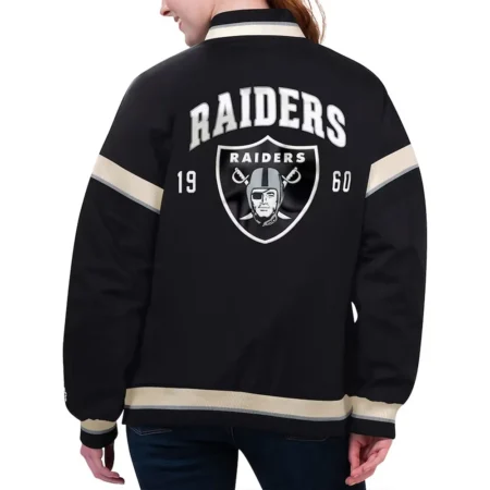 Model wearing Vegas Raiders Tournament Varsity Jacket back