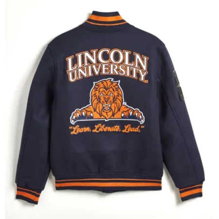 Back view of Lincoln University Varsity Jacket with logo