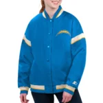 Model in LA Chargers Tournament Varsity Jacket Front