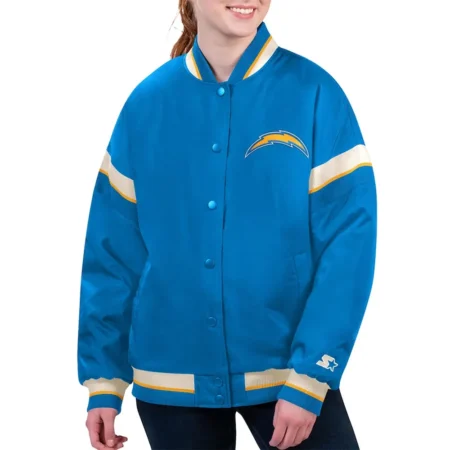 Model wearing LA Chargers Tournament Varsity Jacket front