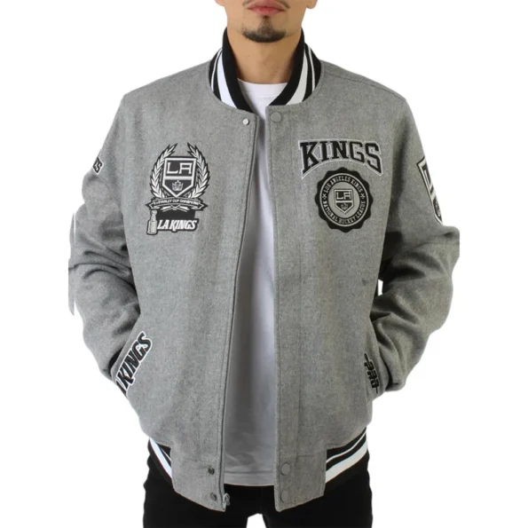 Model wearing LA Kings Gray Varsity Wool Jacket front view