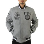 Model wearing LA Kings Gray Varsity Wool Jacket front view