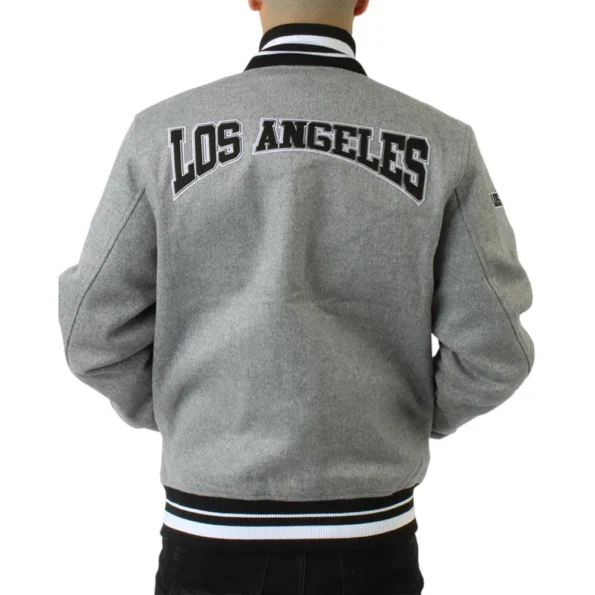 Model wearing LA Kings Gray Varsity Wool Jacket back view