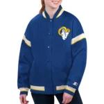 Model in LA Rams Tournament Royal Varsity Jacket Front