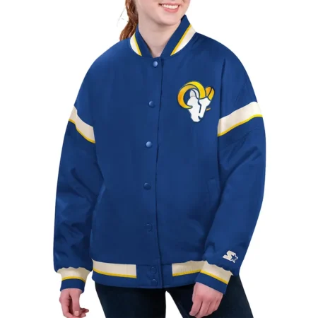 Model wearing LA Rams Tournament Royal Varsity Jacket front