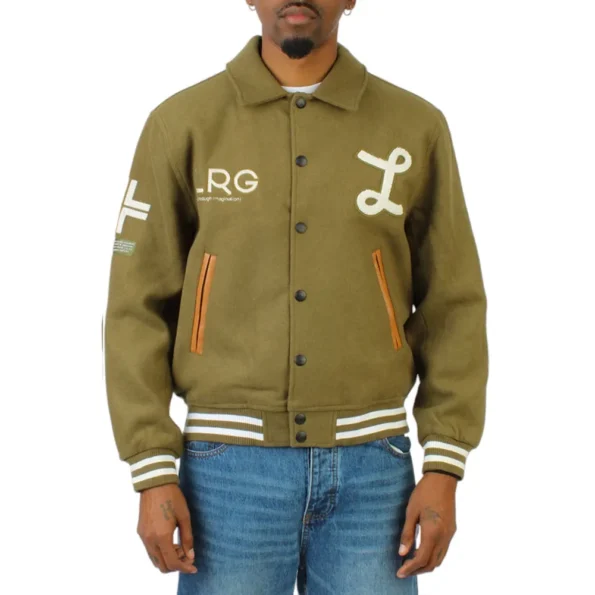 Model wearing LRG Team Player Varsity Jacket front view