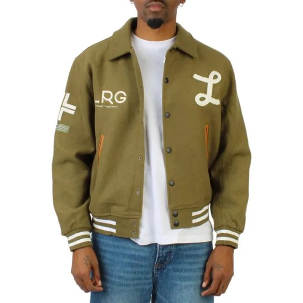 Model wearing LRG Team Player Varsity Jacket front view