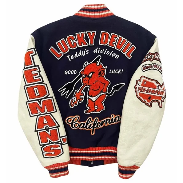 Back view of Lucky Devil Varsity Jacket