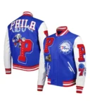 Front and back view of Philadelphia 76ers Capsule Varsity Jacket