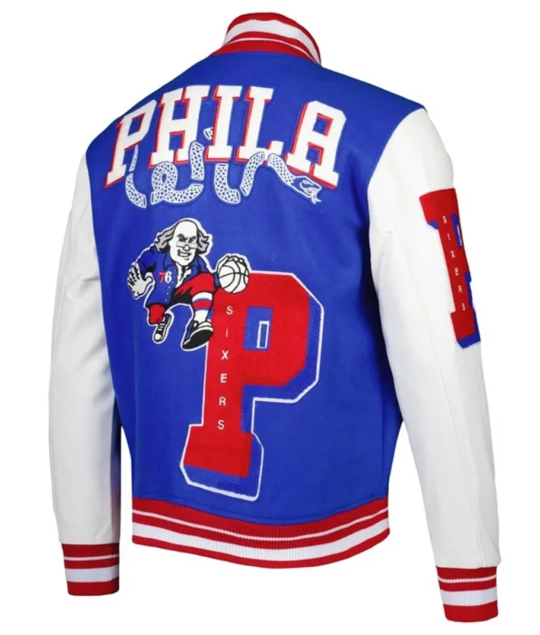 Back view of Philadelphia 76ers Capsule Varsity Jacket