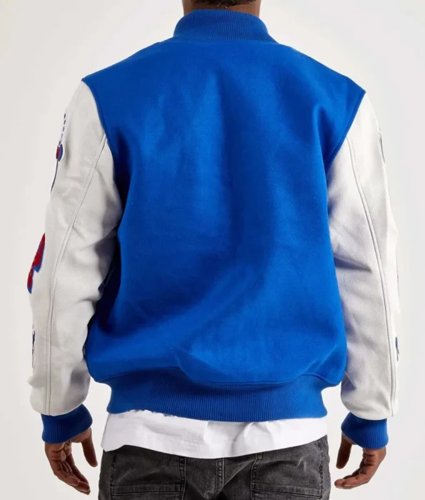 Model wearing Mash Up Philadelphia 76ers Varsity Jacket back view