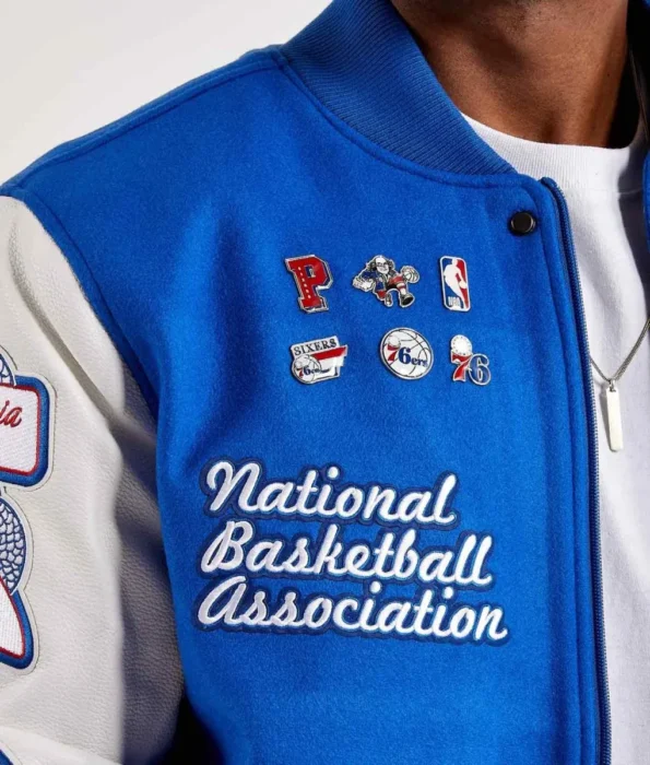 Close-up of Mash Up Philadelphia 76ers Varsity Jacket details