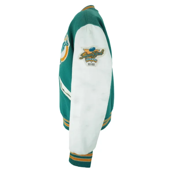 Side profile of Miami Dolphins 1980s Varsity Jacket