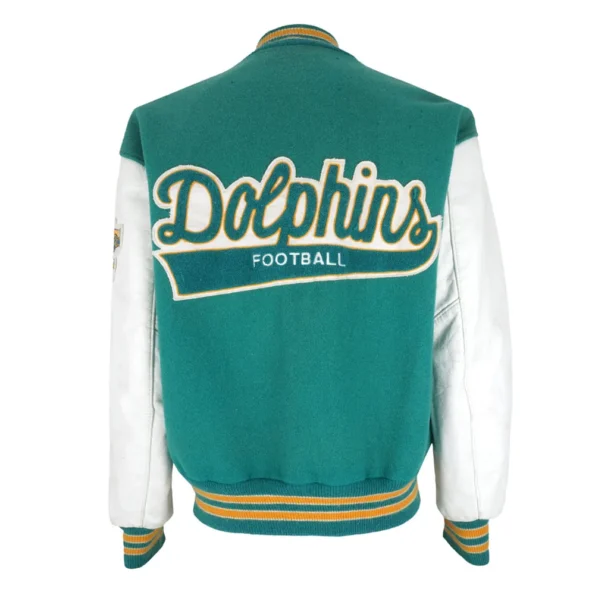 Back view of Miami Dolphins 1980s Varsity Jacket