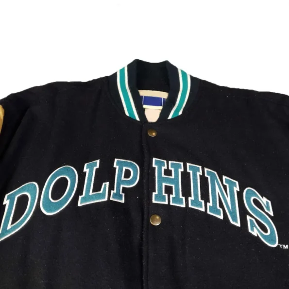 Close-up of Miami Dolphins 90s Varsity Jacket details