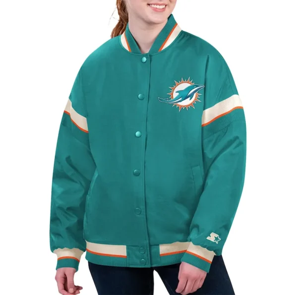 Model wearing Miami Dolphins Aqua Varsity Jacket front