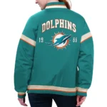 Model in Miami Dolphins Aqua Varsity Jacket Front