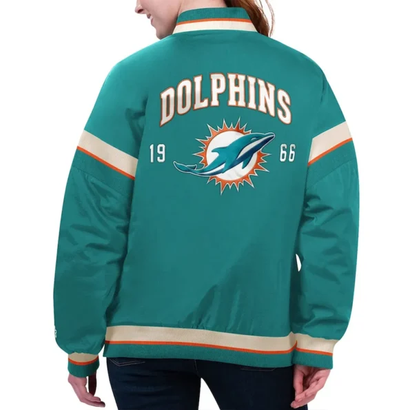 Model wearing Miami Dolphins Aqua Varsity Jacket back