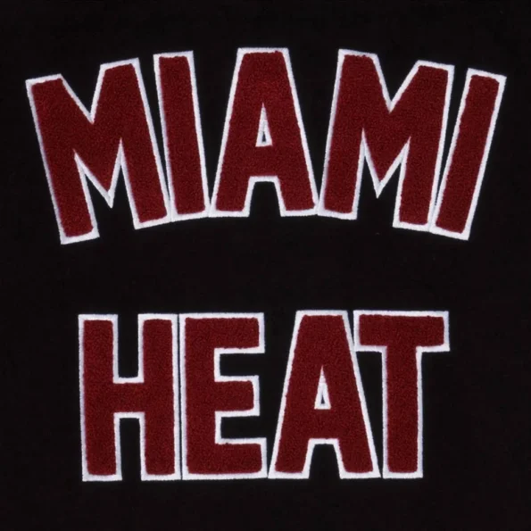 Close-up of Miami Heat Eastern Conference Varsity Jacket details