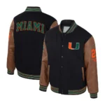 Front and back view of Miami Hurricanes Black Varsity Jacket