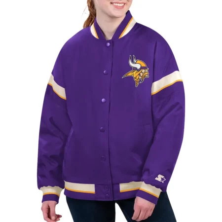 Model wearing Minnesota Vikings Purple Varsity Jacket front