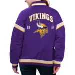 Model in Minnesota Vikings Purple Varsity Jacket Front