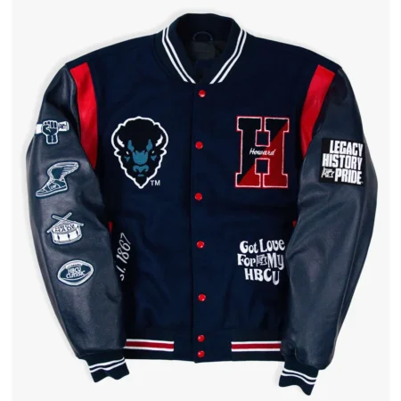 Front view of Howard University Mecca Varsity Jacket