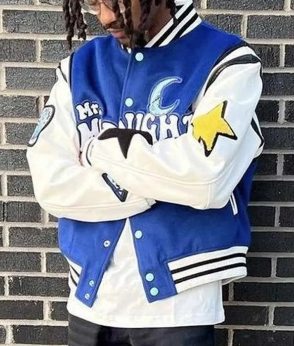 Model wearing Mr Midnight Under The Moon Varsity Jacket front